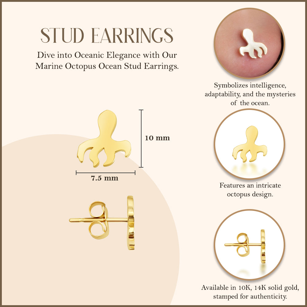 Yellow Gold Marine Octopus Ocean Stud Earrings, view 3