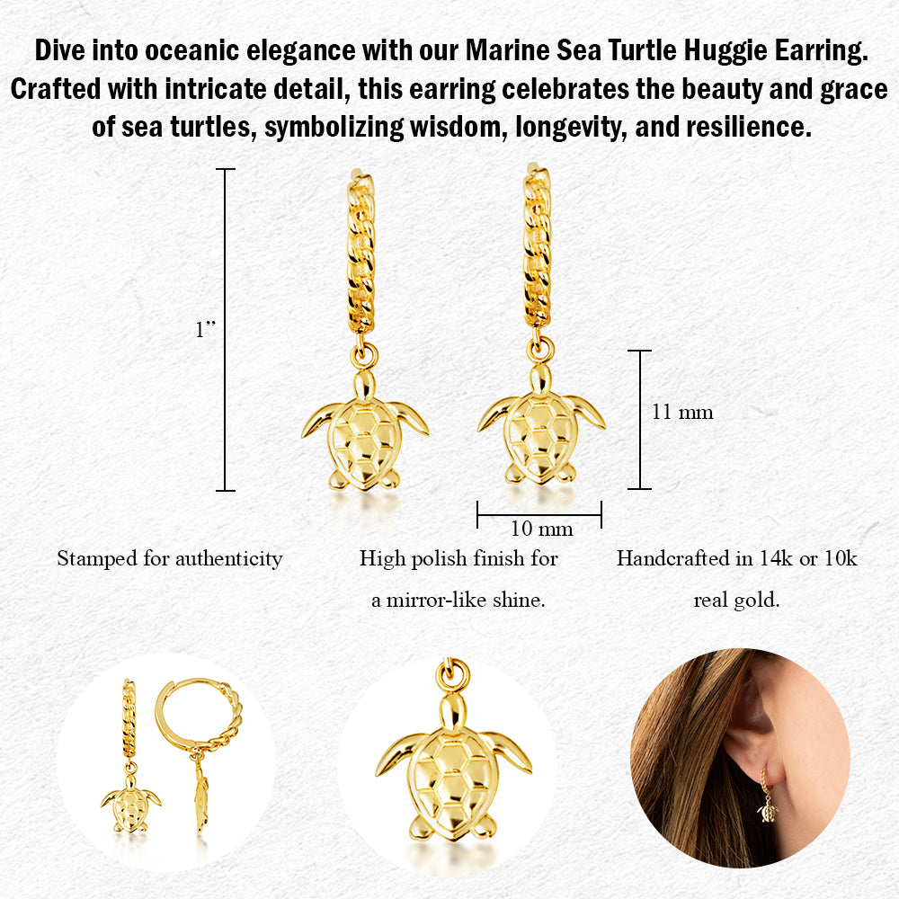 Yellow Gold Marine Sea Turtle Cuban Link Huggie Hoop Earrings, view 3