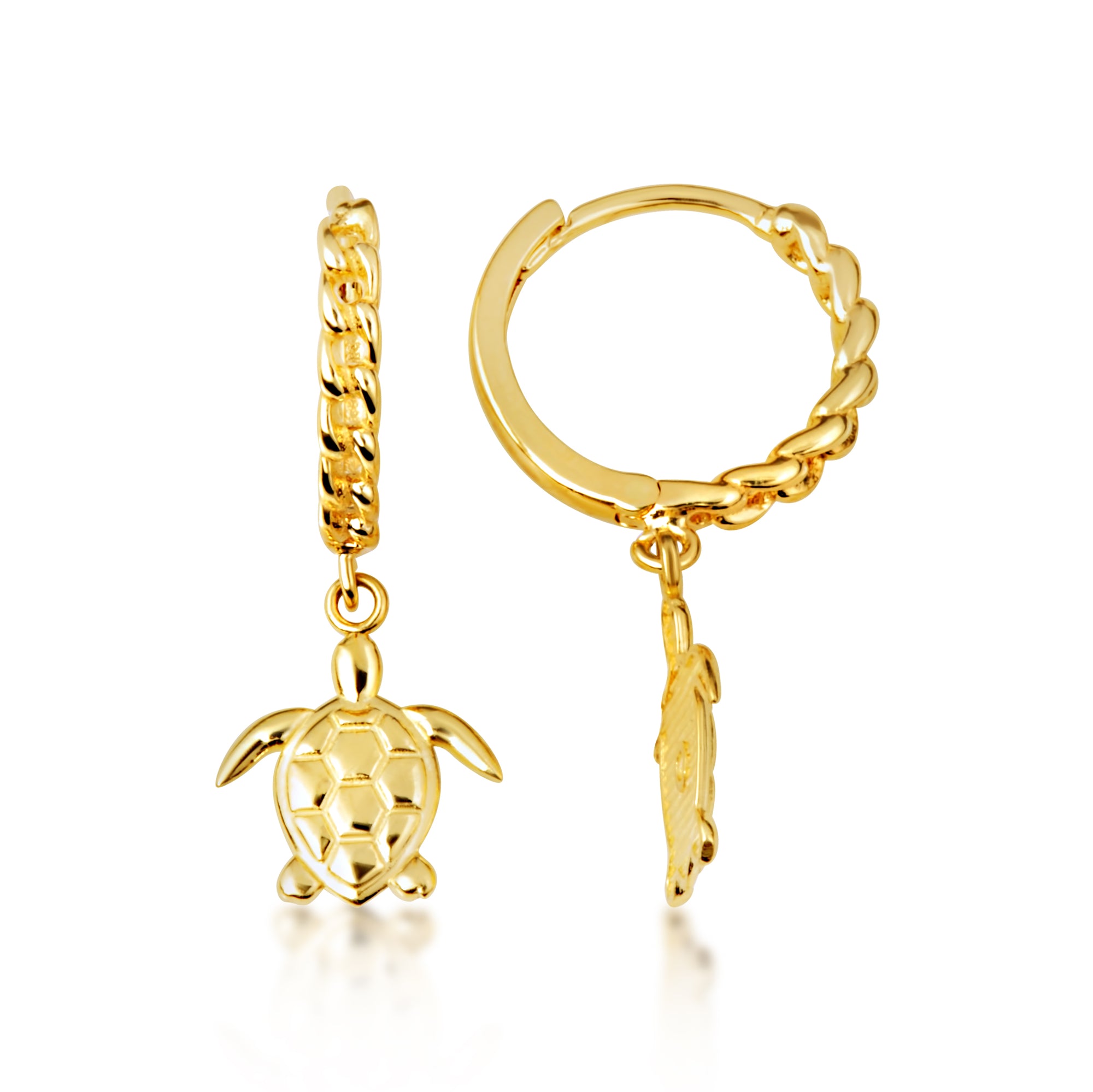 Yellow Gold Marine Sea Turtle Cuban Link Huggie Hoop Earrings, view 4