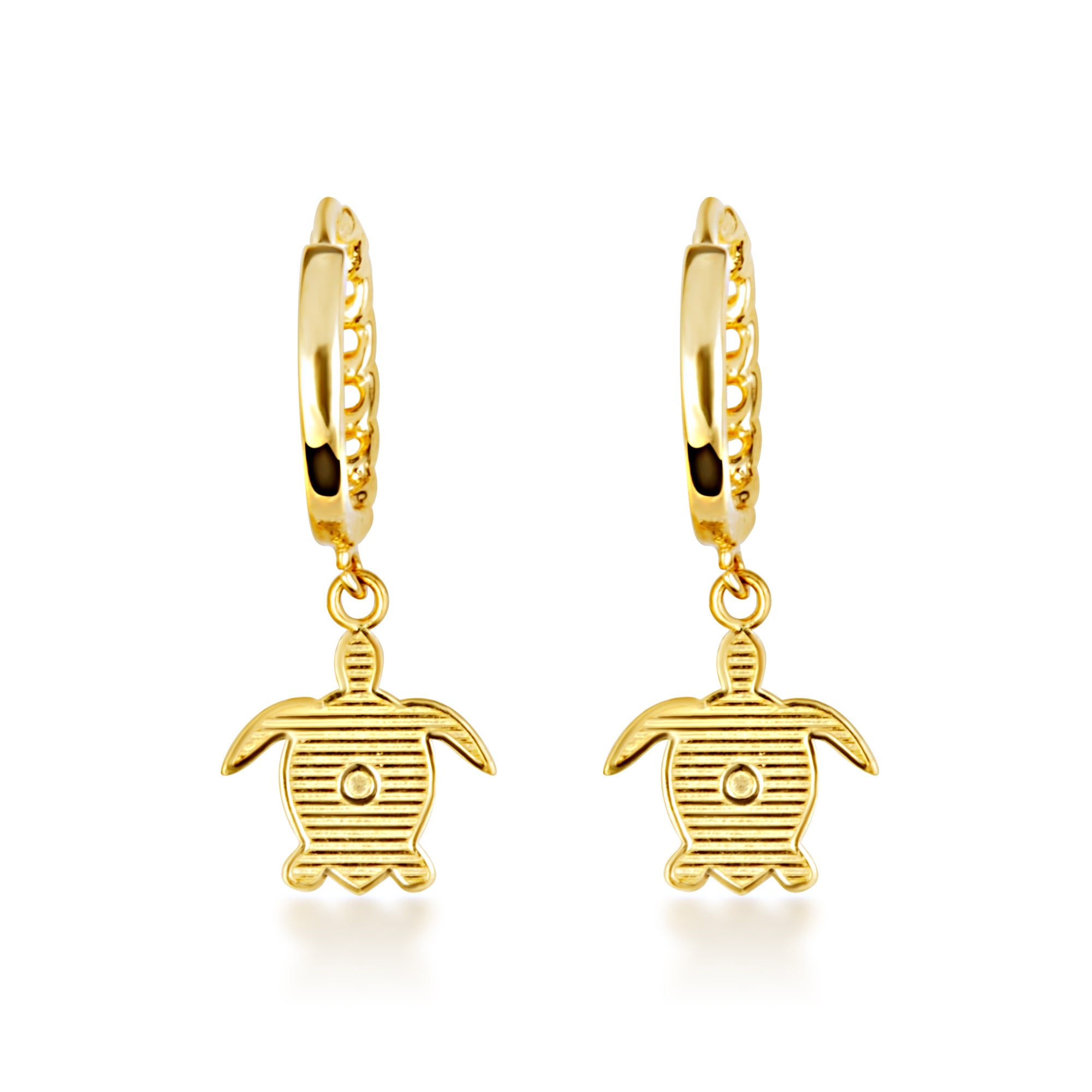 Yellow Gold Marine Sea Turtle Cuban Link Huggie Hoop Earrings, view 5