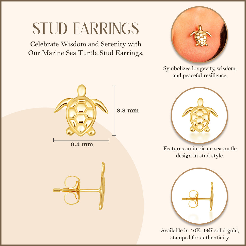 Yellow Gold Marine Sea Turtle Stud Earrings, view 3