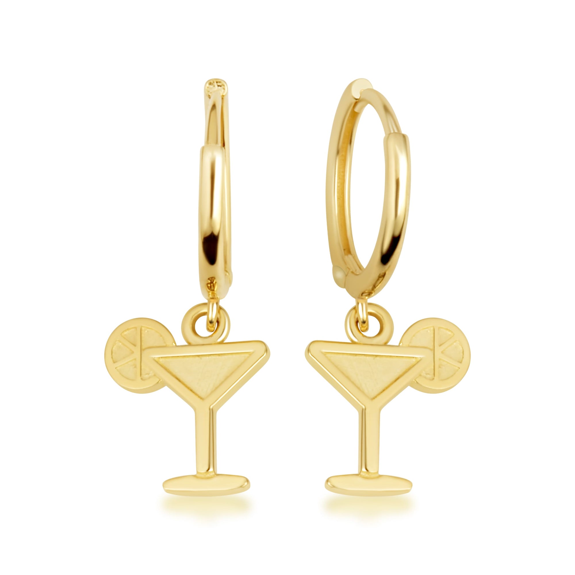 Yellow Gold Martini Lime Cocktail Drop Huggie Hoop Earrings