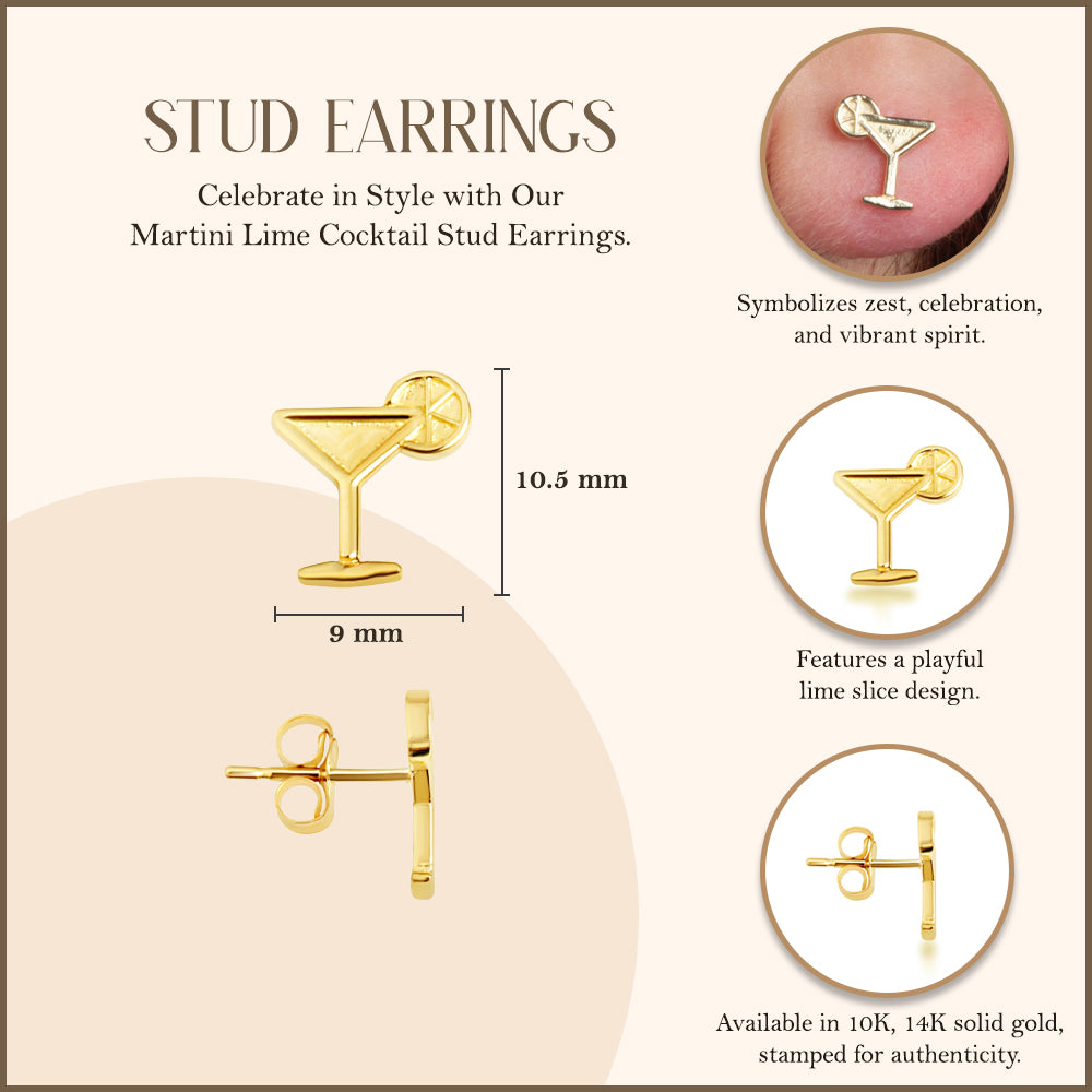 Yellow Gold Martini Lime Cocktail Stud Earrings, view 3