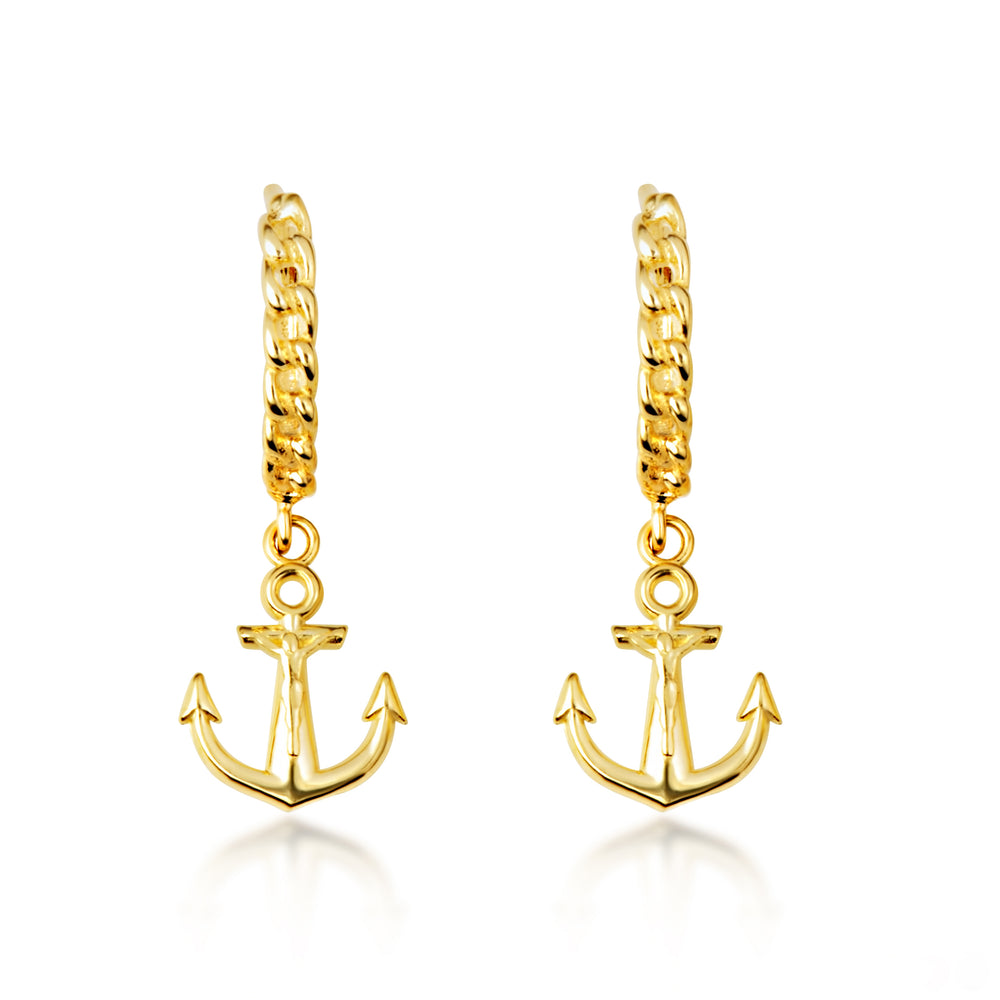 Yellow Gold Nautical Anchor Cuban Link Huggie Hoop Earrings