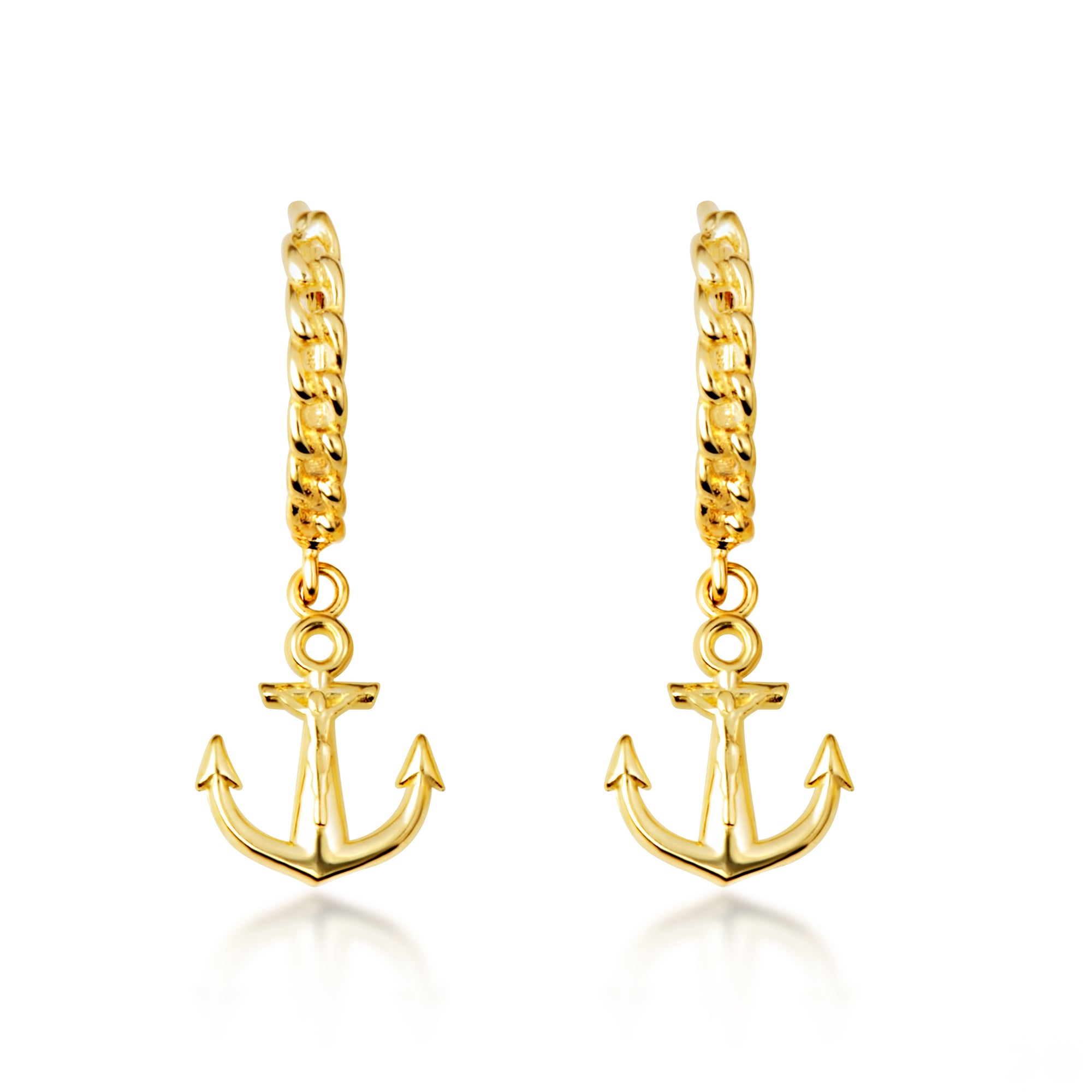 Yellow Gold Nautical Anchor Cuban Link Huggie Hoop Earrings
