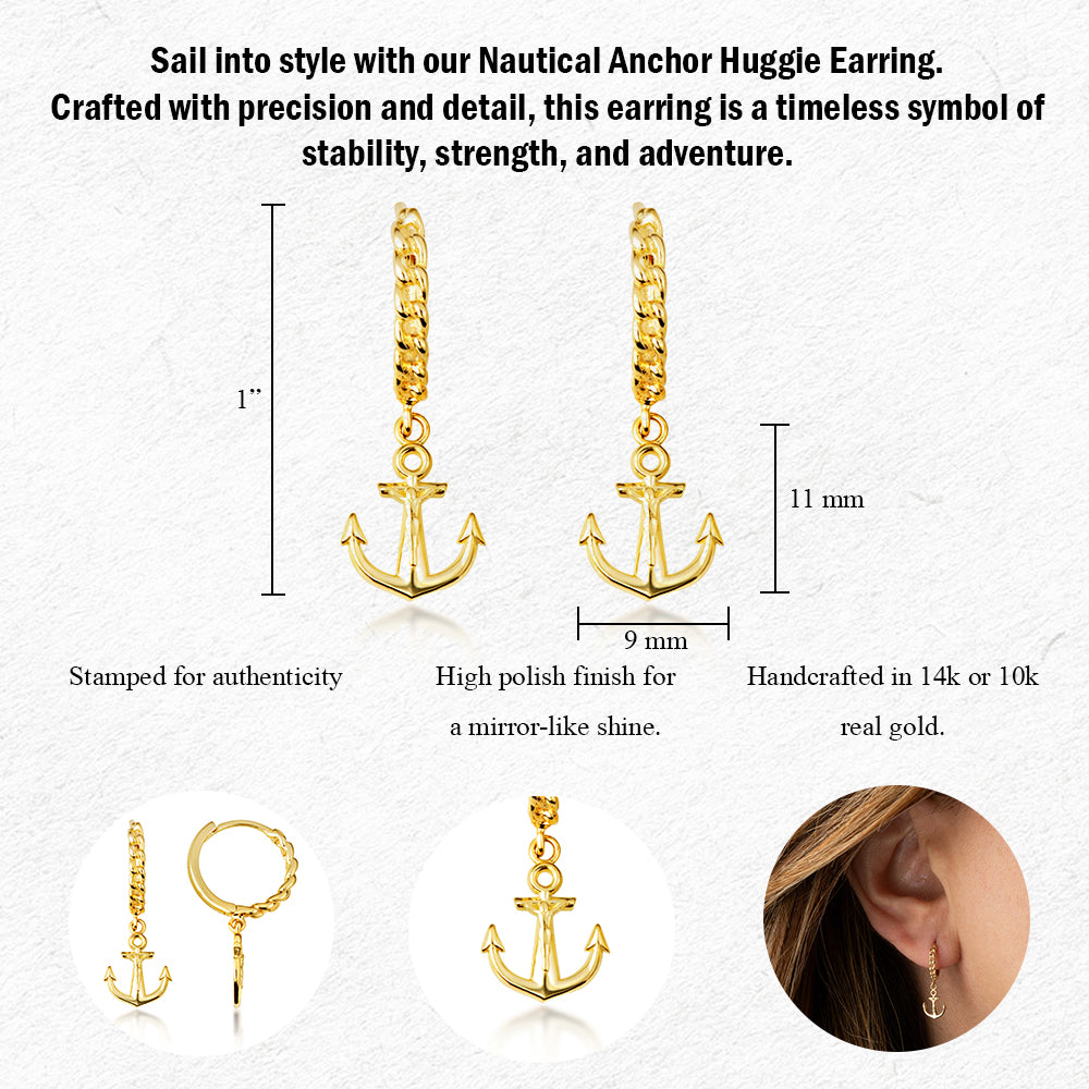 Yellow Gold Nautical Anchor Cuban Link Huggie Hoop Earrings, view 3