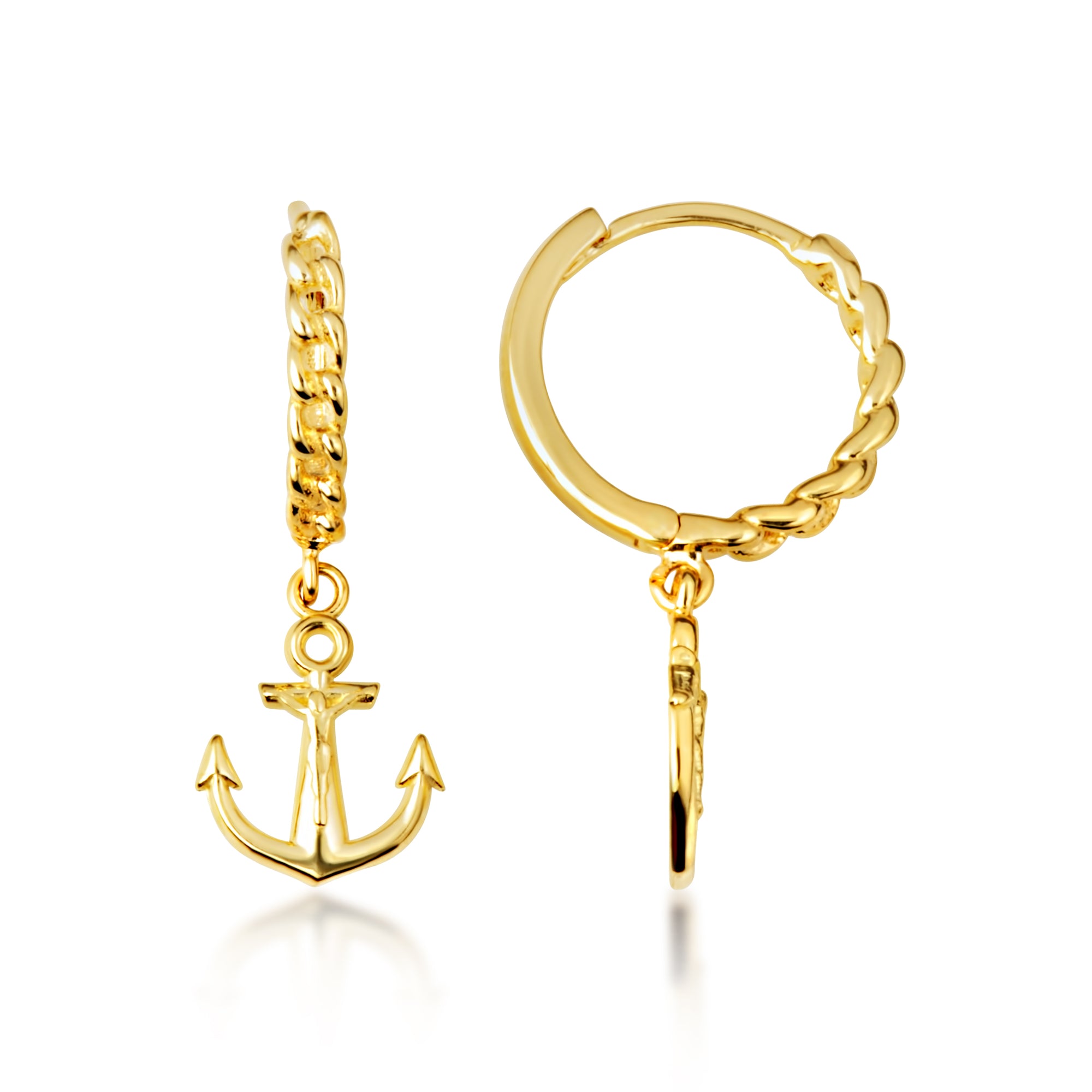 Yellow Gold Nautical Anchor Cuban Link Huggie Hoop Earrings, view 4