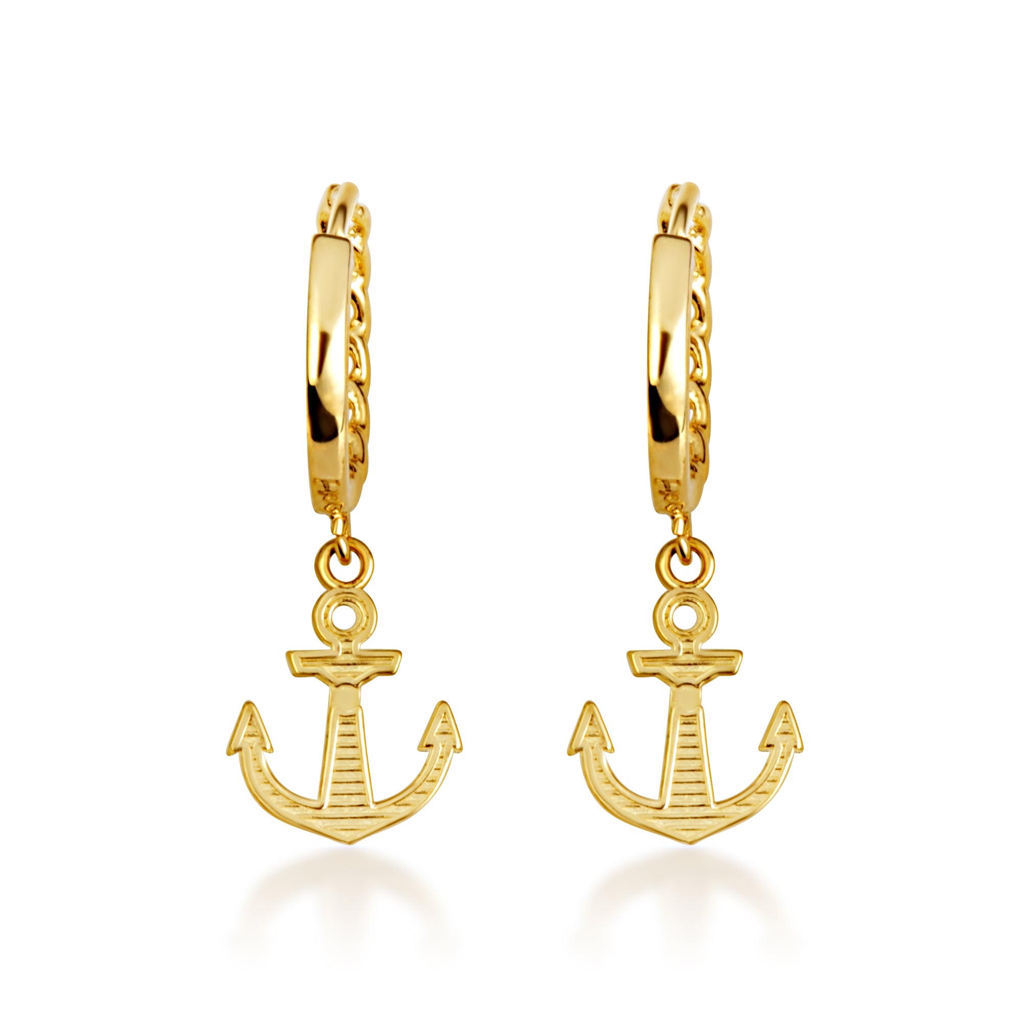 Yellow Gold Nautical Anchor Cuban Link Huggie Hoop Earrings, view 5