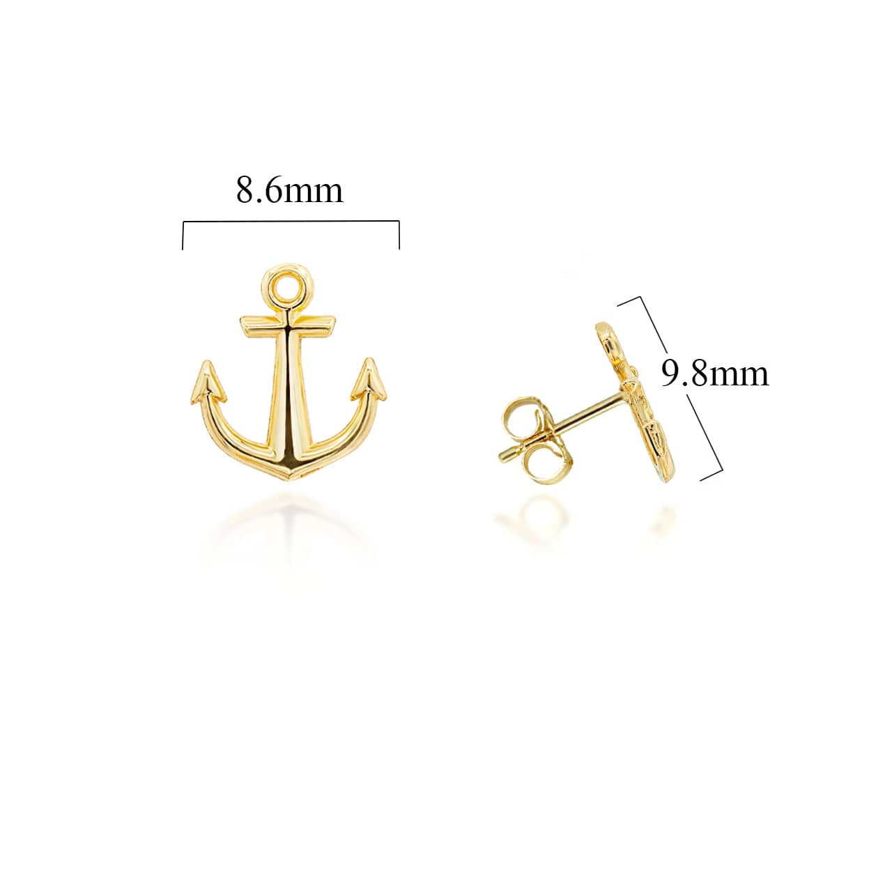 Yellow Gold Nautical Anchor Stud Earrings, view 3