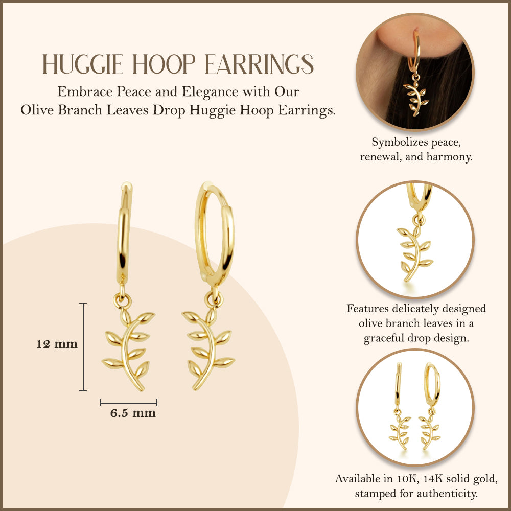 Yellow Gold Olive Branch Leaves Huggie Hoop Earrings, view 3