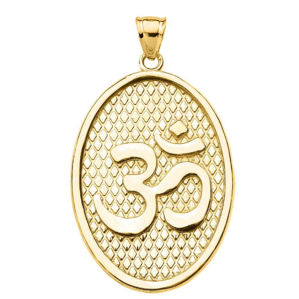 Yellow Gold Om/Ohm Oval Pendant Necklace, view 2