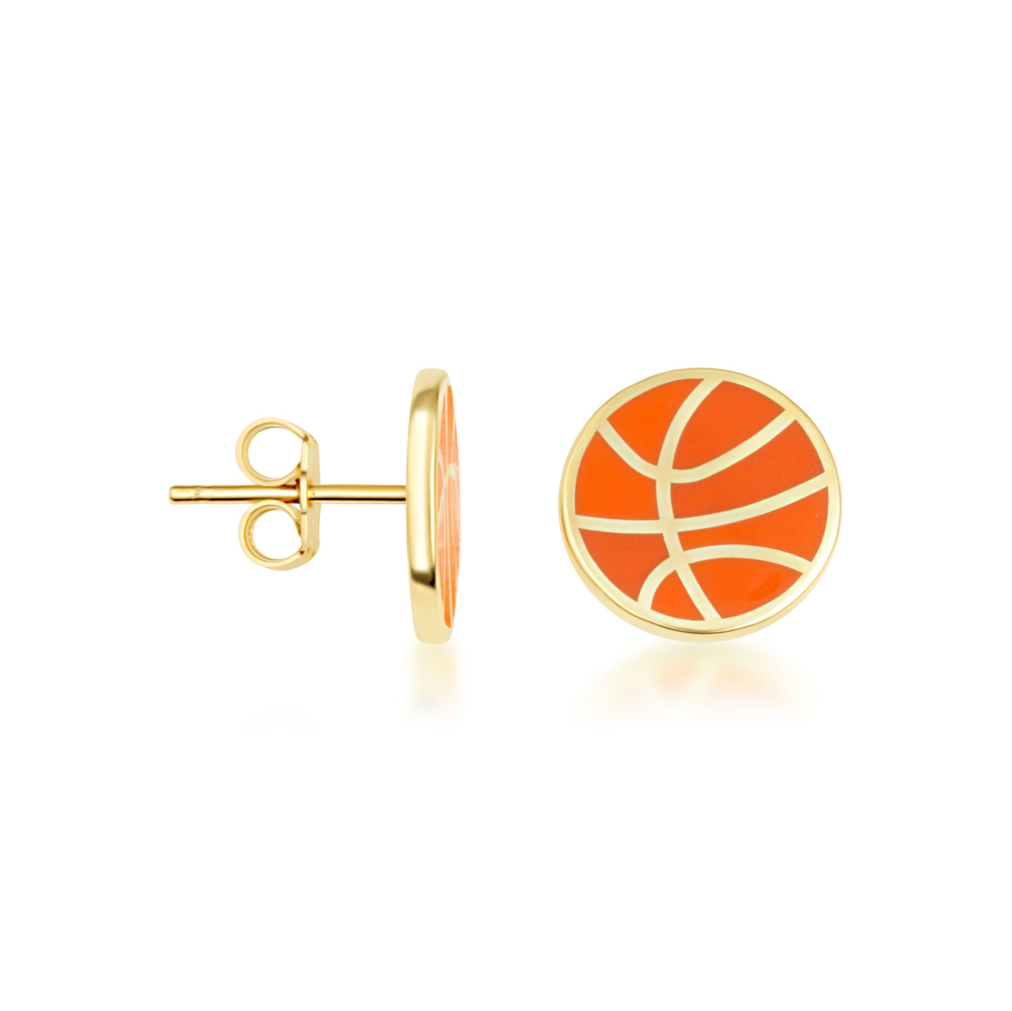 Yellow Gold Orange Enamel Basketball Sports Stud Earrings