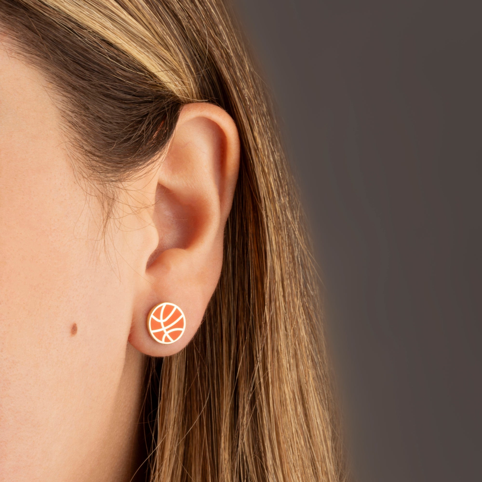 Yellow Gold Orange Enamel Basketball Sports Stud Earrings, view 2
