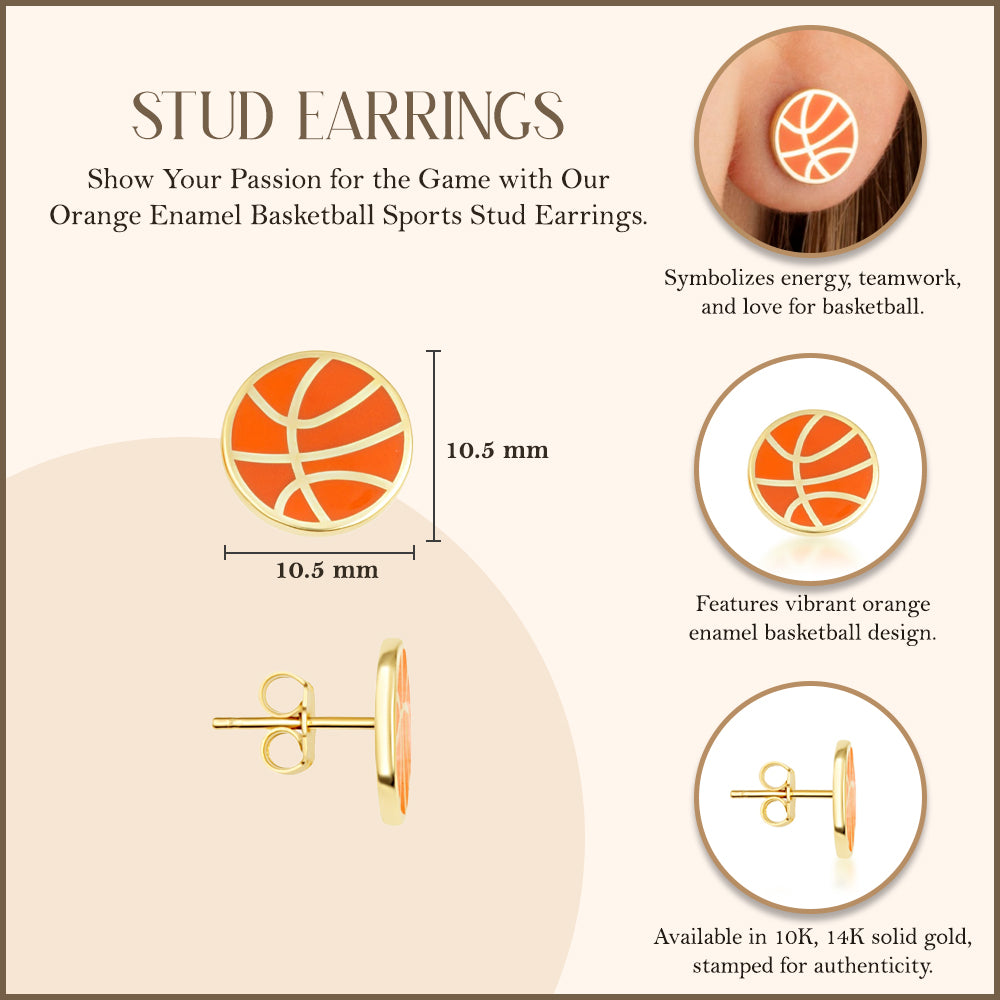 Yellow Gold Orange Enamel Basketball Sports Stud Earrings, view 3