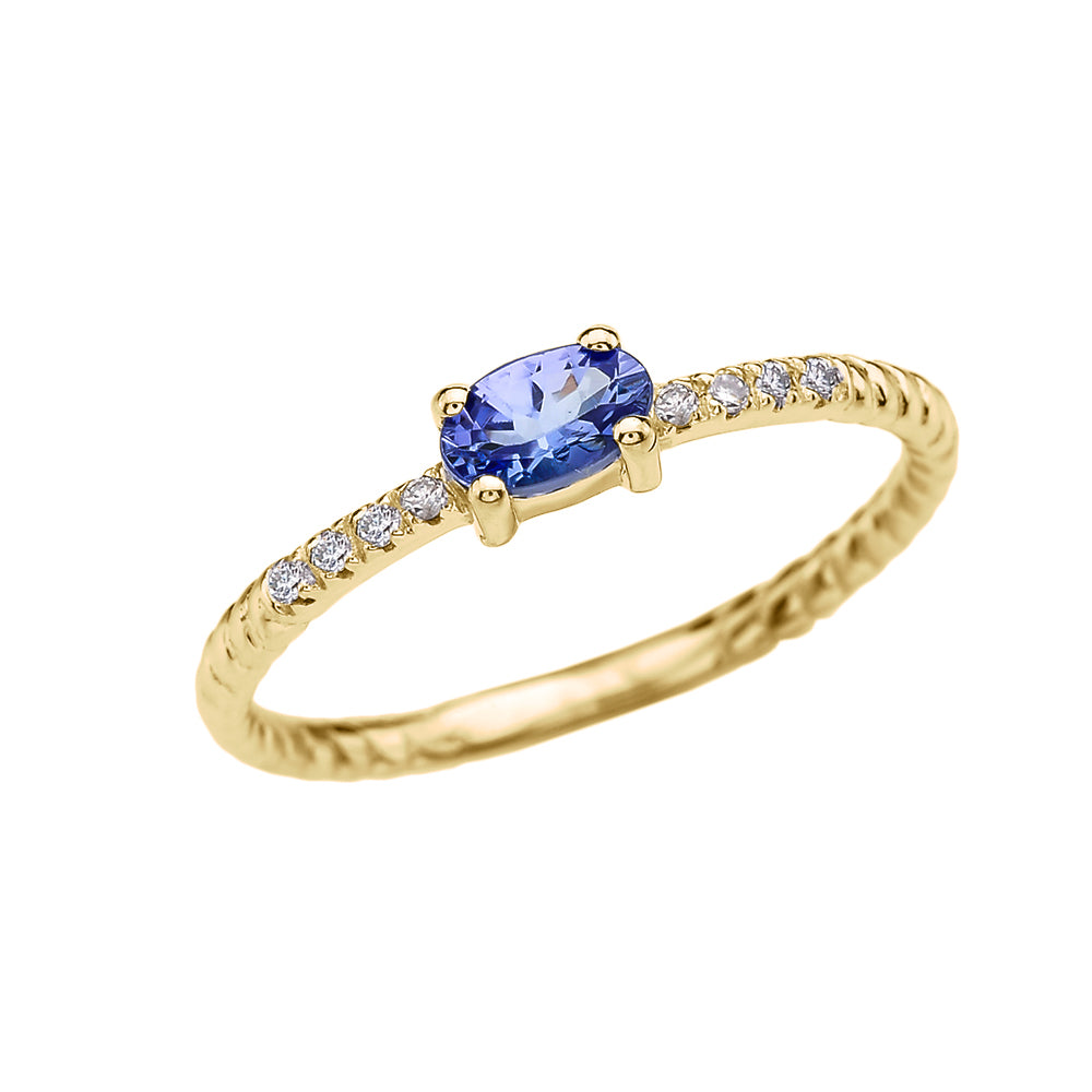 Yellow Gold Oval Tanzanite Gemstone Diamond Rope Band Ring