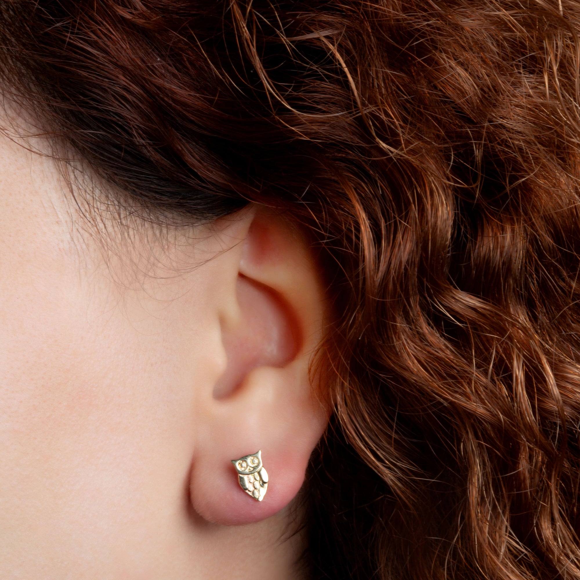 Yellow Gold Owl Stud Earrings, view 2