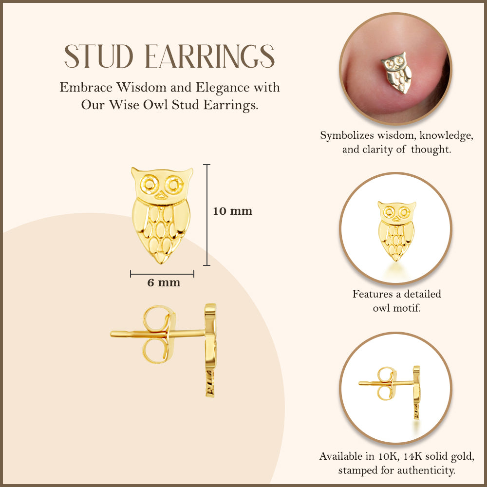 Yellow Gold Owl Stud Earrings, view 3