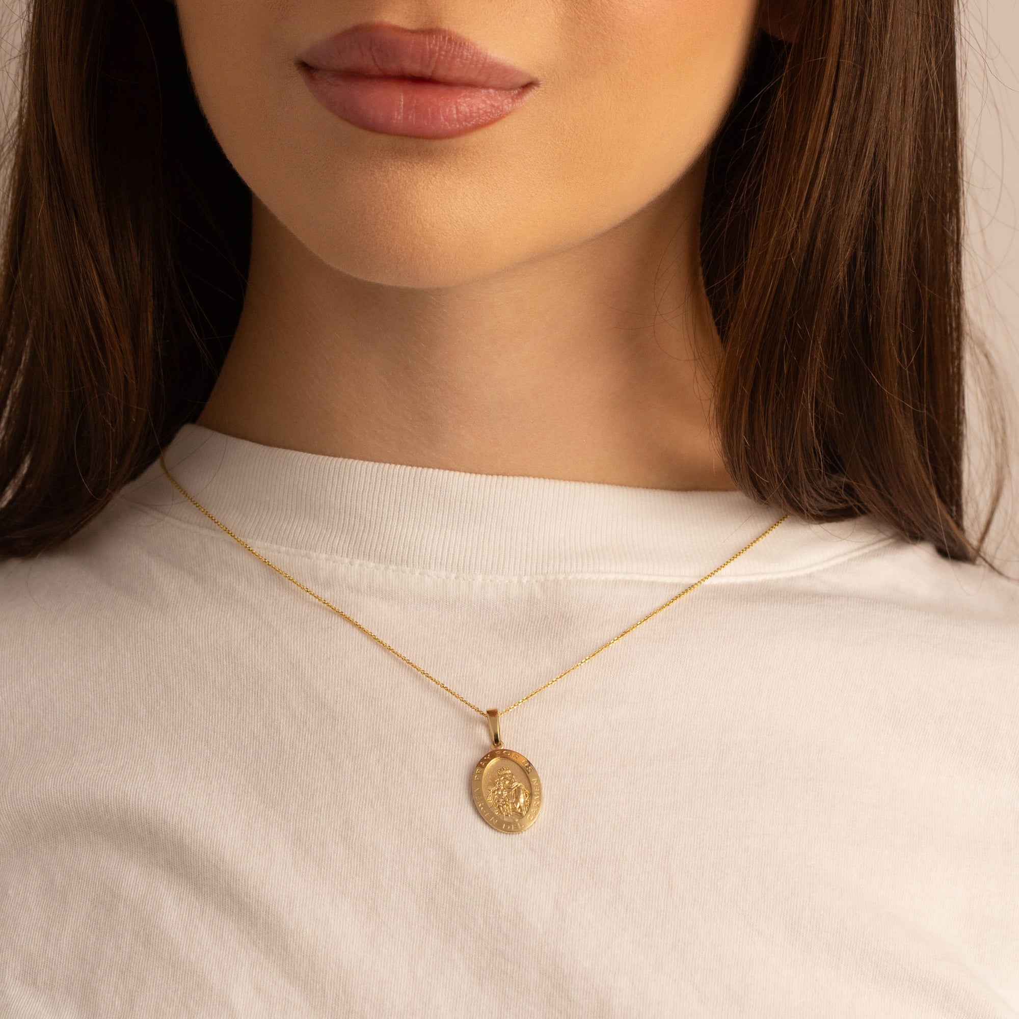 Yellow Gold Patron Saint Virgin del Carmen Oval Medallion Pendant Necklace, view 2
