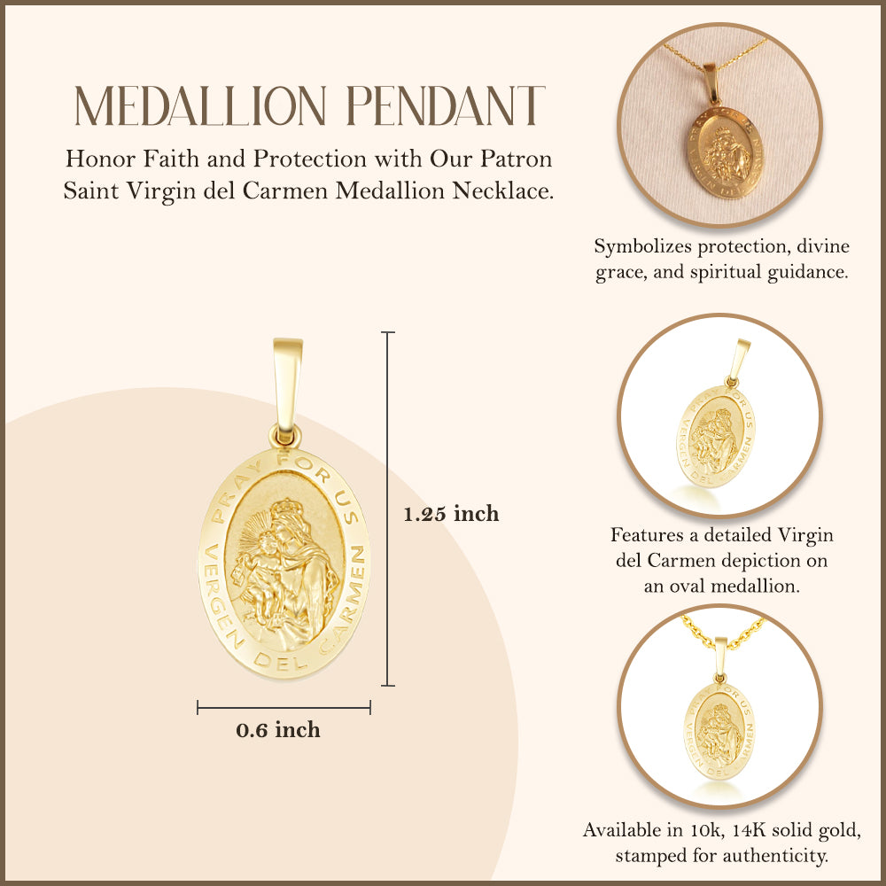 Yellow Gold Patron Saint Virgin del Carmen Oval Medallion Pendant Necklace, view 3