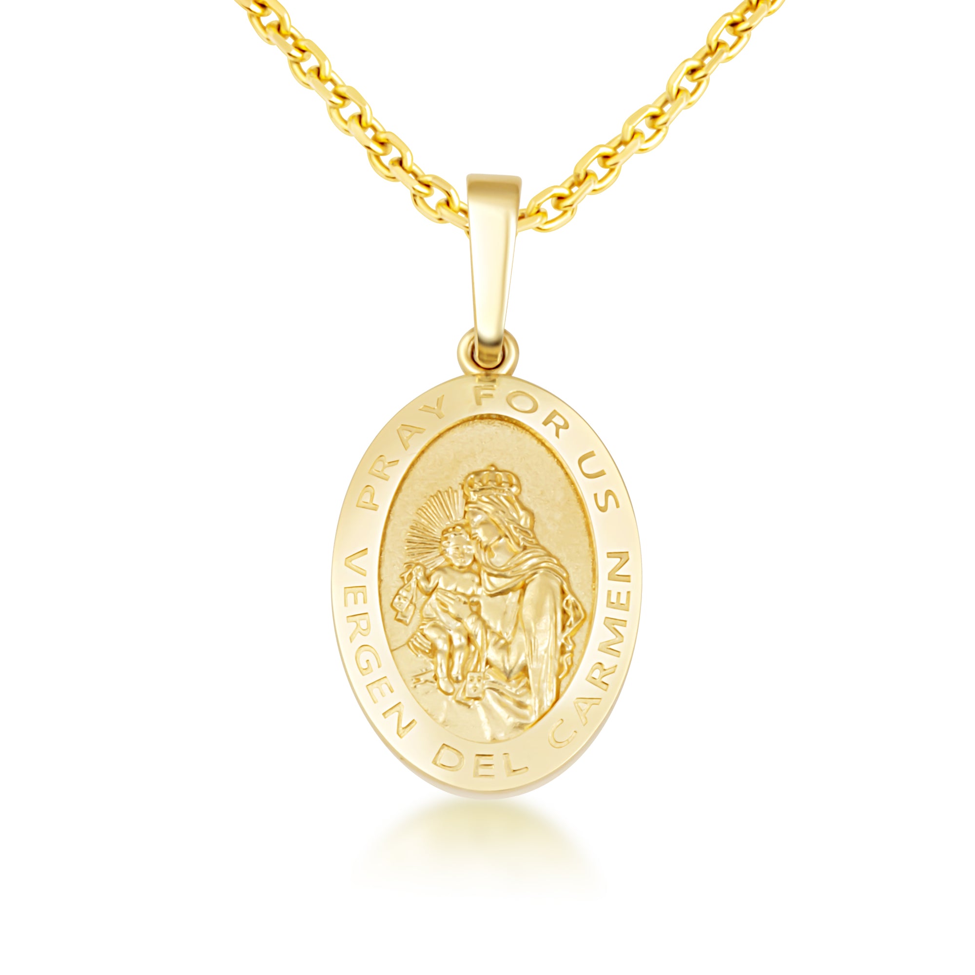 Yellow Gold Patron Saint Virgin del Carmen Oval Medallion Pendant Necklace, view 4