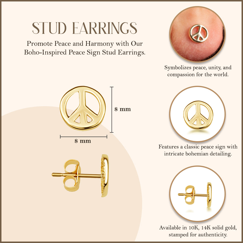 Yellow Gold Peace Sign Boho Stud Earrings, view 3