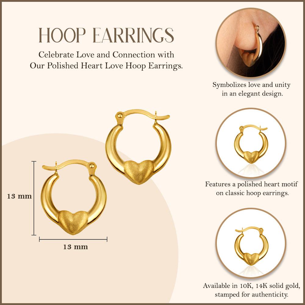 Yellow Gold Polished Heart Love Hoop Earrings, view 3