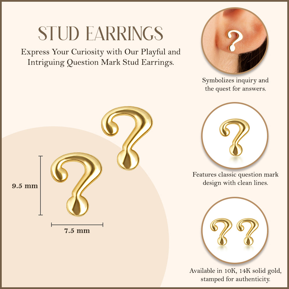 Yellow Gold Question Mark Stud Earrings, view 3
