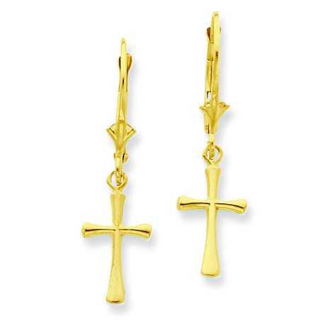 Yellow Gold Religious Cross Leverback Earrings