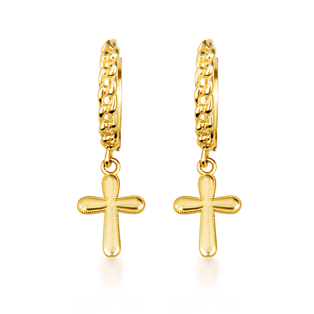 Yellow Gold Religious Cross Milgrain Cuban Link Huggie Hoop Earrings