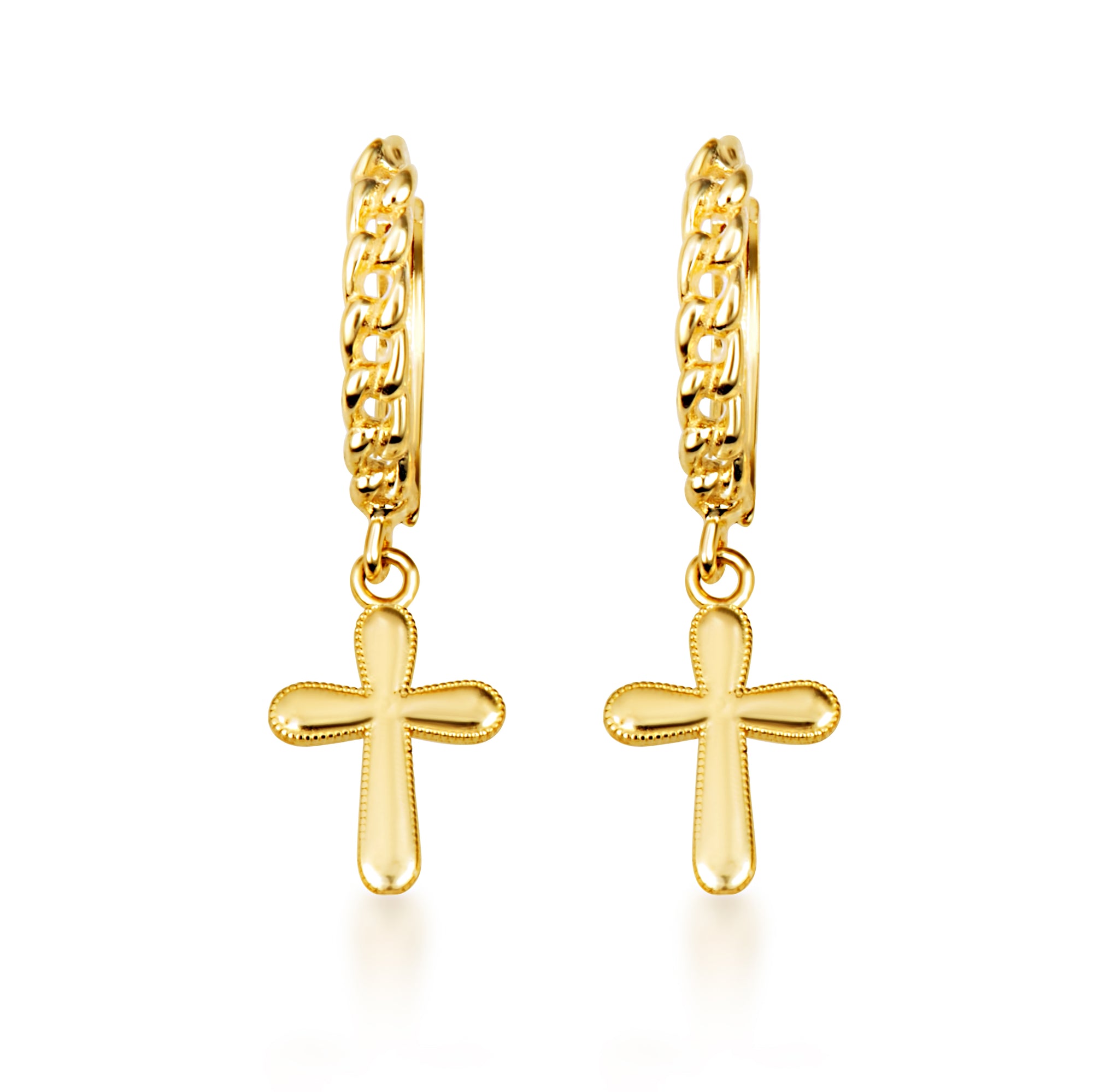 Yellow Gold Religious Cross Milgrain Cuban Link Huggie Hoop Earrings