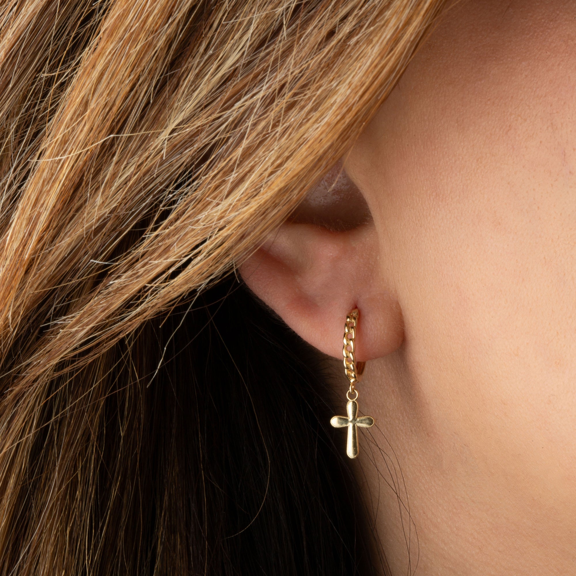 Yellow Gold Religious Cross Milgrain Cuban Link Huggie Hoop Earrings, view 2