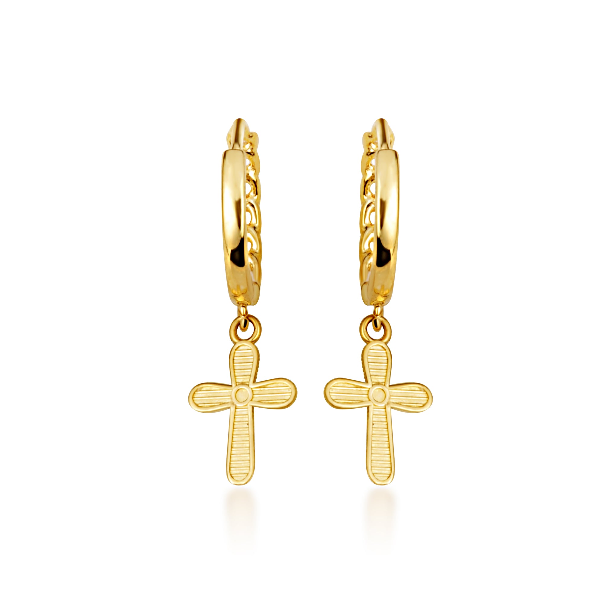 Yellow Gold Religious Cross Milgrain Cuban Link Huggie Hoop Earrings, view 4