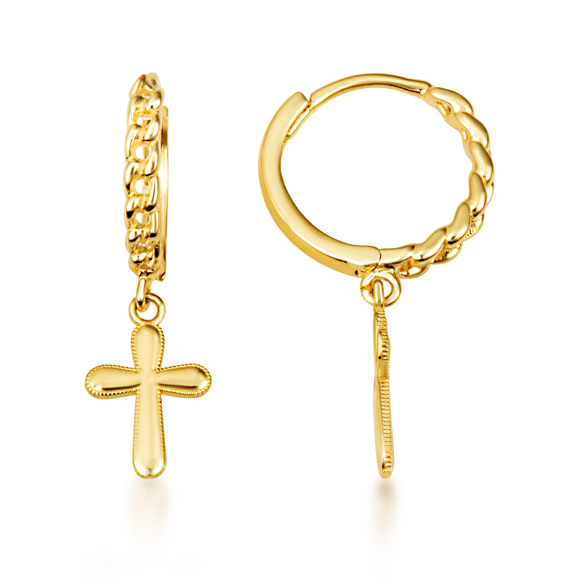 Yellow Gold Religious Cross Milgrain Cuban Link Huggie Hoop Earrings, view 5