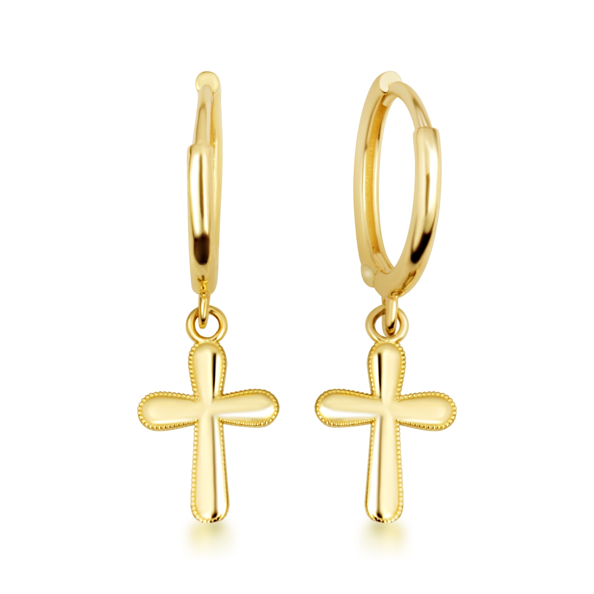 Yellow Gold Religious Cross Milgrain Drop Huggie Hoop Earrings