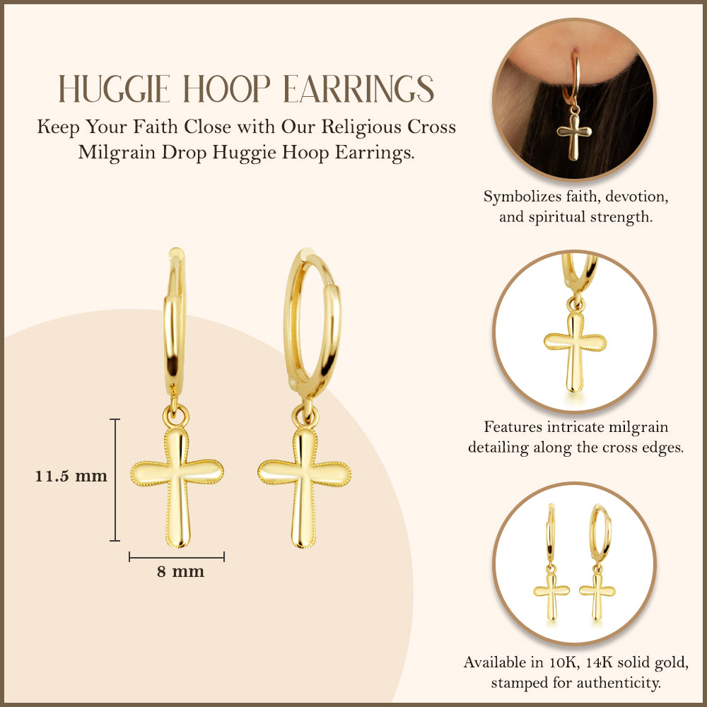 Yellow Gold Religious Cross Milgrain Drop Huggie Hoop Earrings, view 3