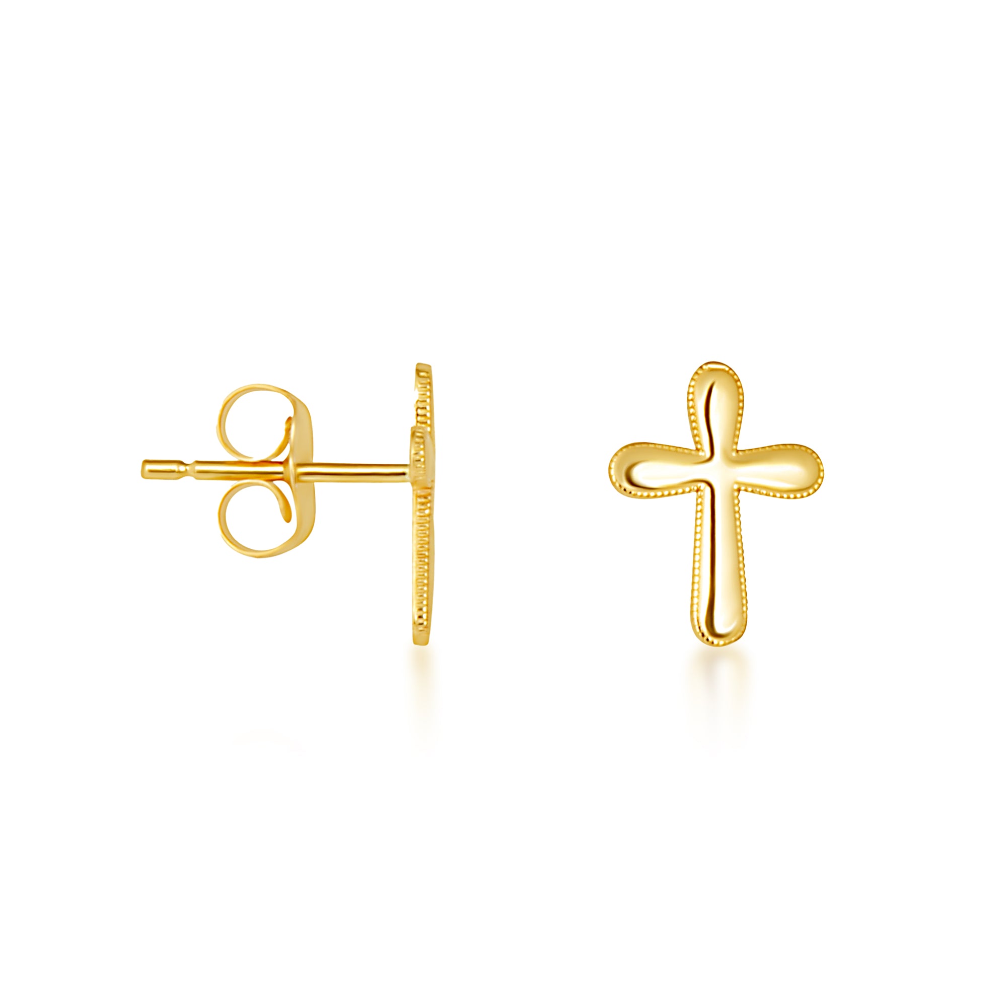 Yellow Gold Religious Cross Milgrain Stud Earrings