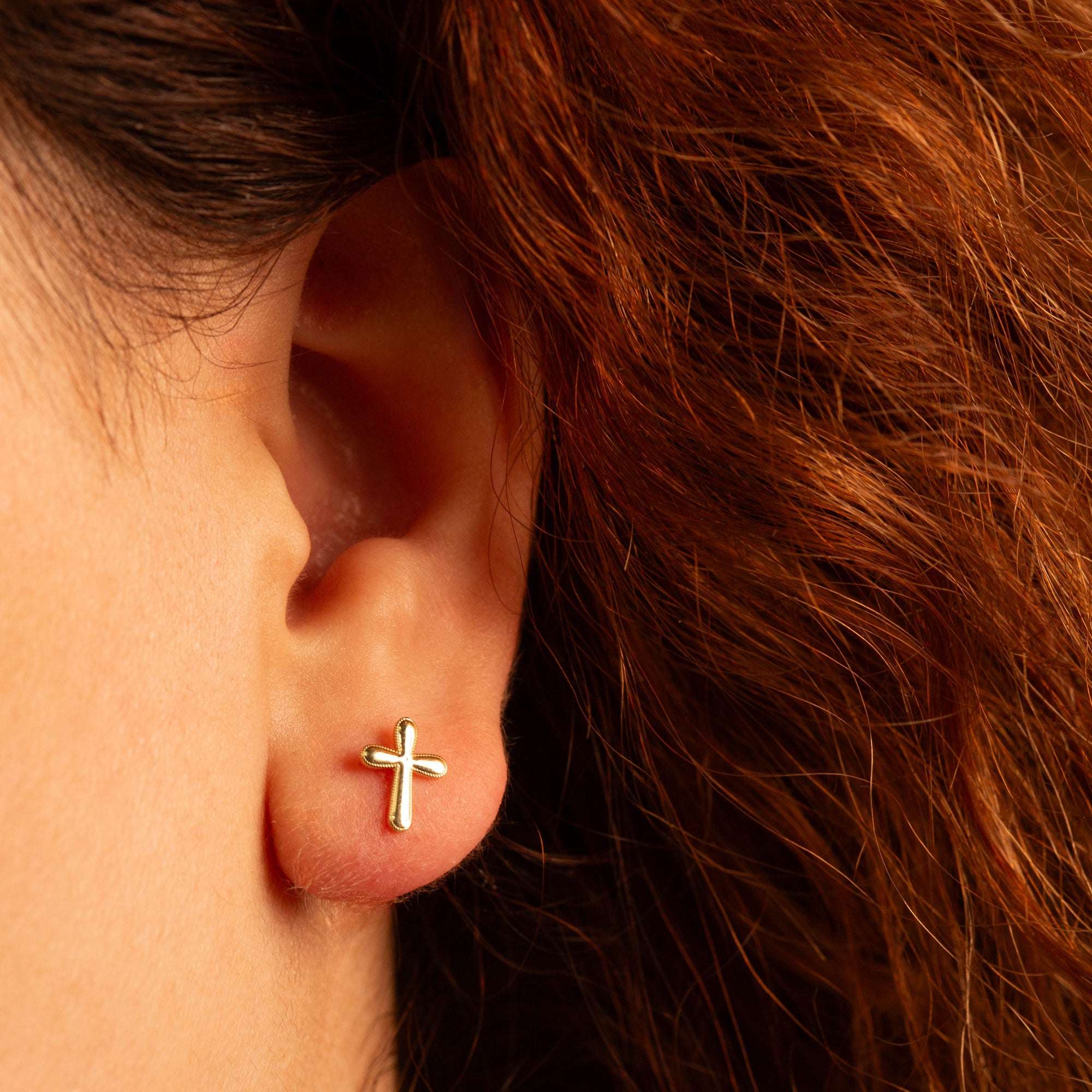 Yellow Gold Religious Cross Milgrain Stud Earrings, view 2