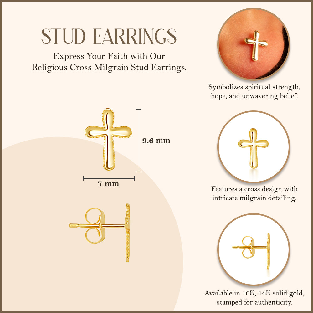 Yellow Gold Religious Cross Milgrain Stud Earrings, view 3