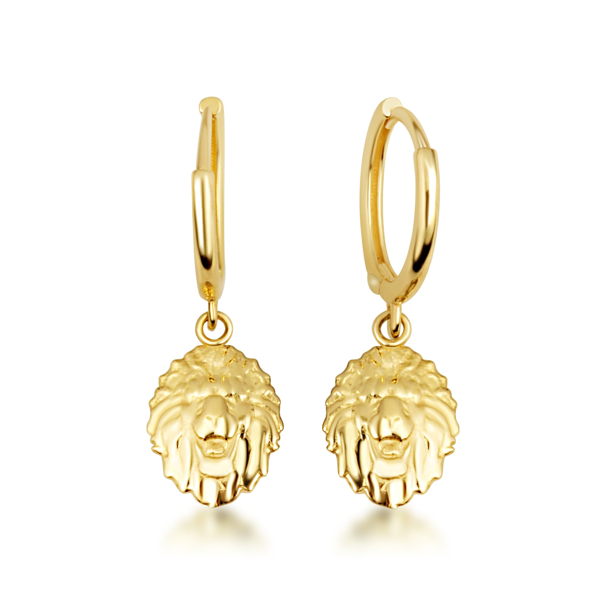Yellow Gold Roaring Lion Drop Huggie Hoop Earrings