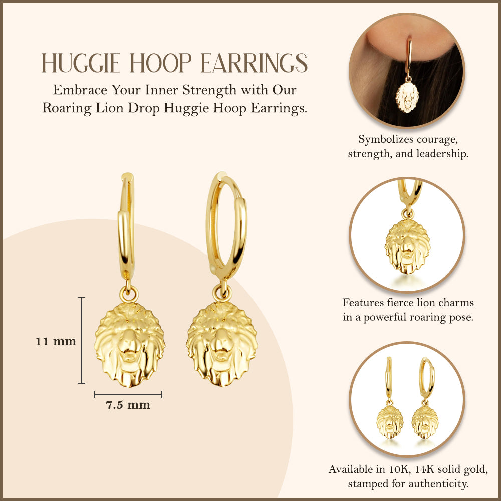 Yellow Gold Roaring Lion Drop Huggie Hoop Earrings, view 3