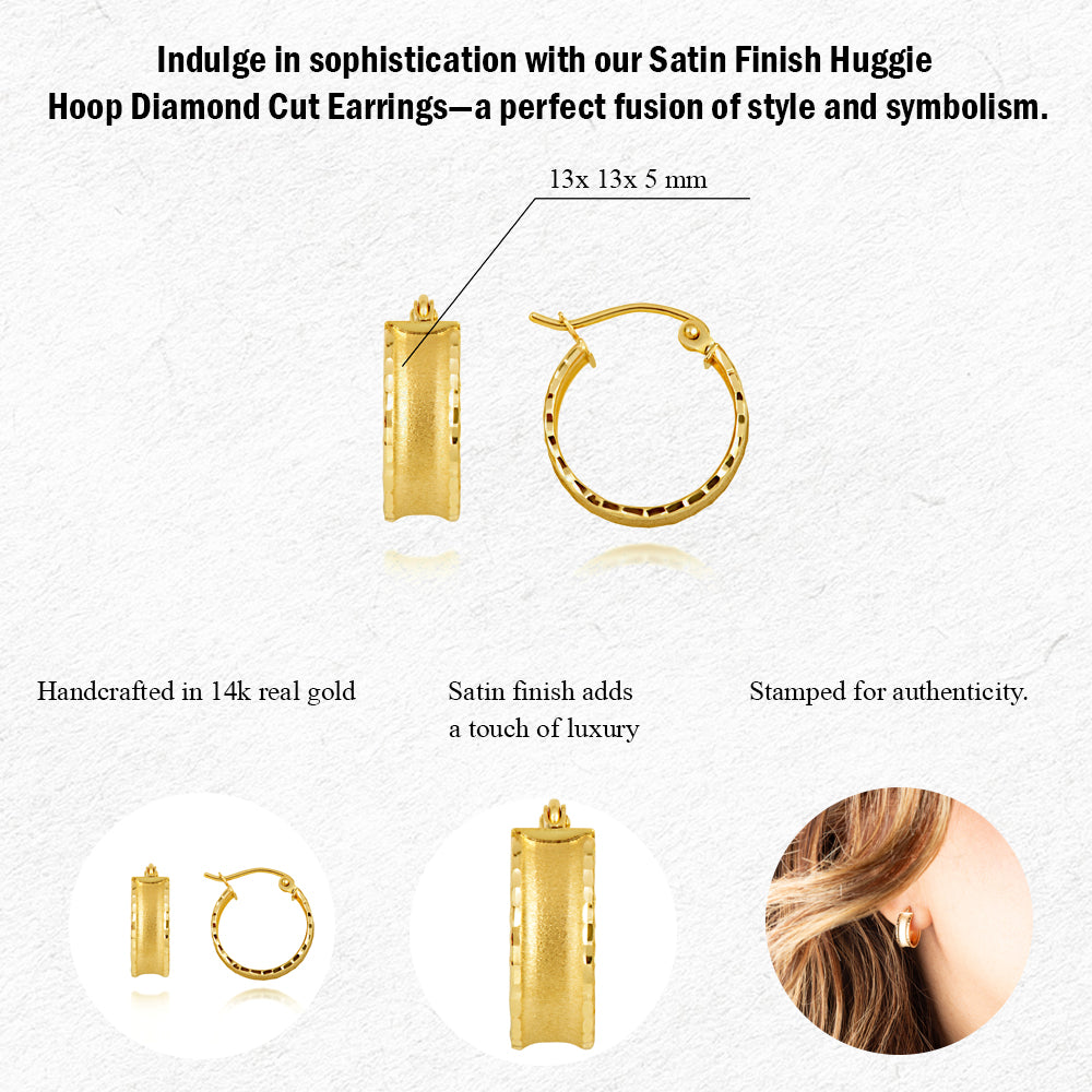 Yellow Gold Satin Finish Diamond Cut Hoop Earrings, view 3