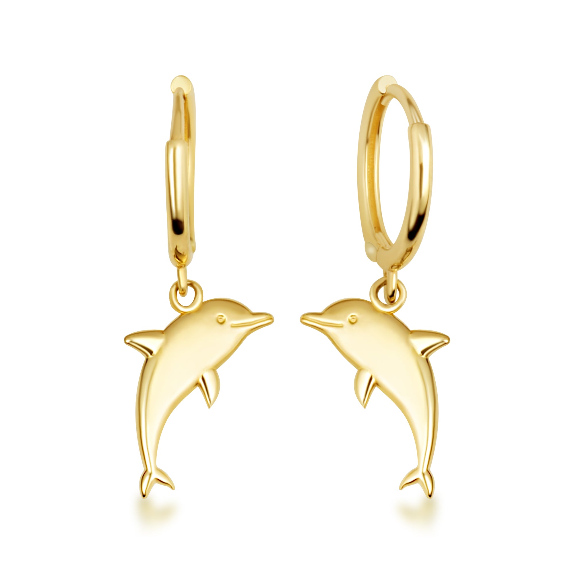 Yellow Gold Sea Dolphin Drop Huggie Hoop Earrings