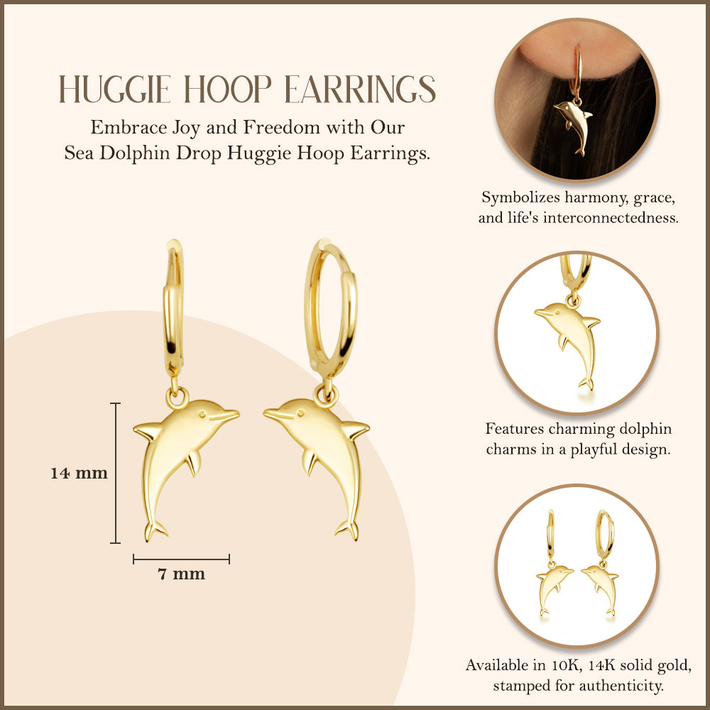 Yellow Gold Sea Dolphin Drop Huggie Hoop Earrings, view 3