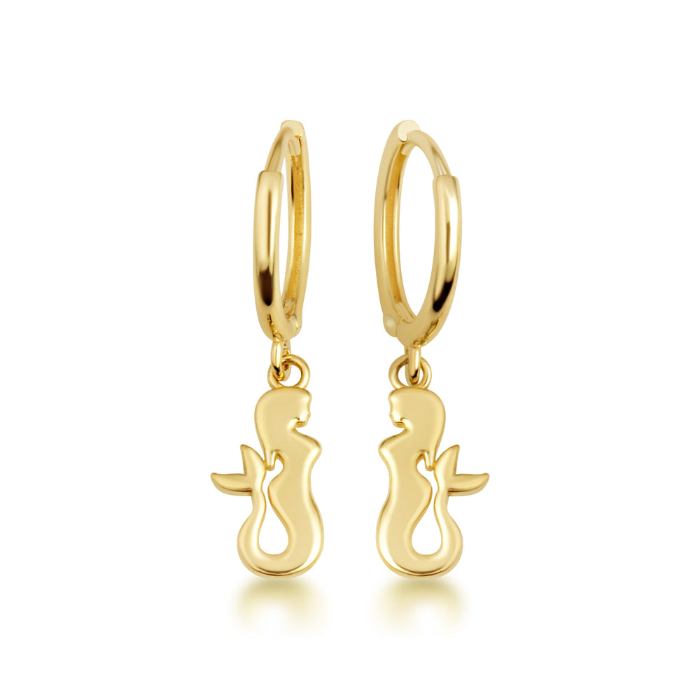 Yellow Gold Sea Mermaid Drop Huggie Hoop Earrings