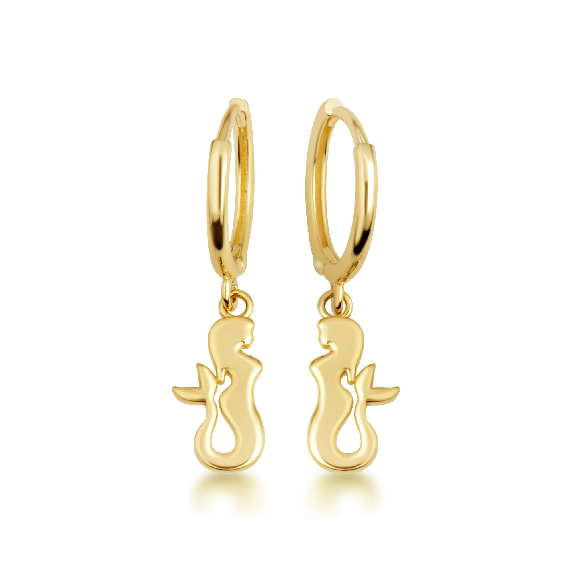 Yellow Gold Sea Mermaid Drop Huggie Hoop Earrings