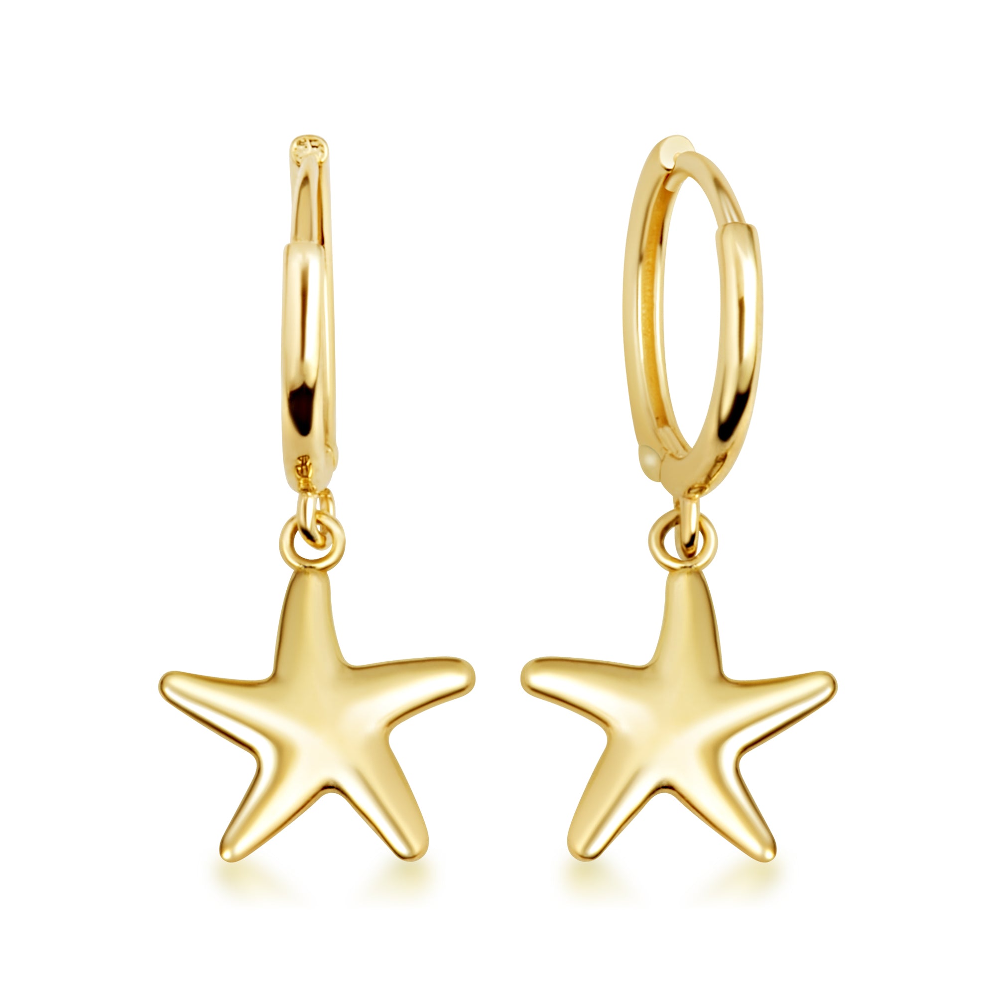 Yellow Gold Sea Starfish Drop Huggie Hoop Earrings