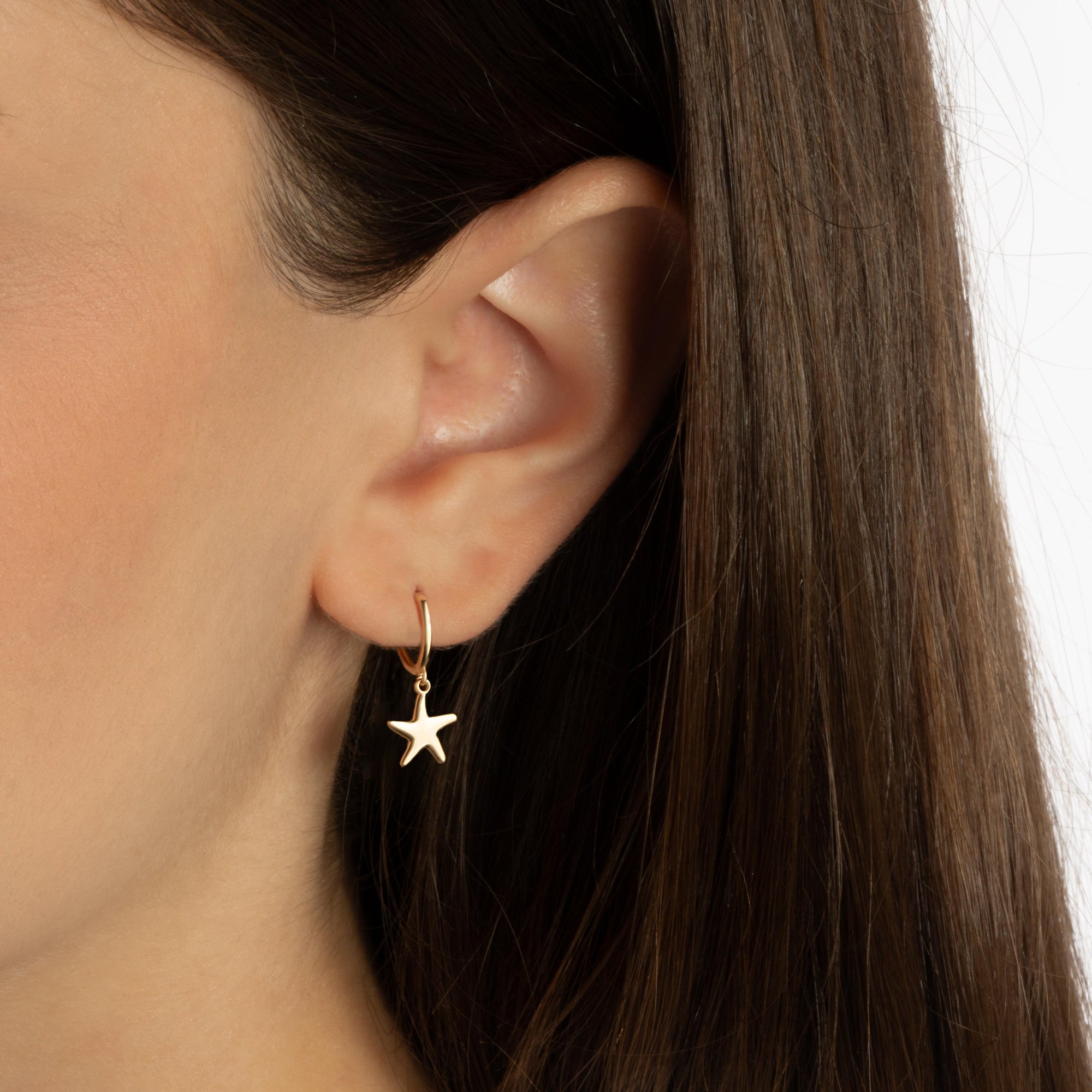 Yellow Gold Sea Starfish Drop Huggie Hoop Earrings, view 2