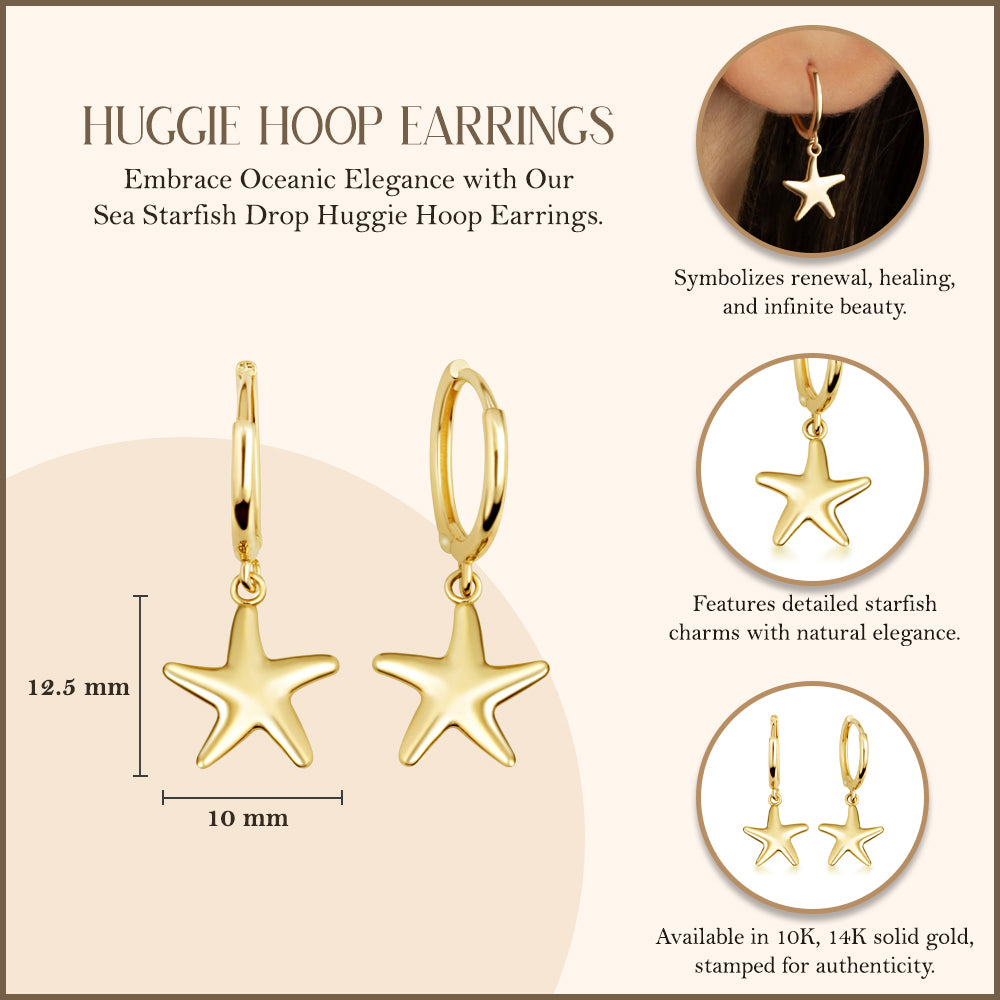 Yellow Gold Sea Starfish Drop Huggie Hoop Earrings, view 3