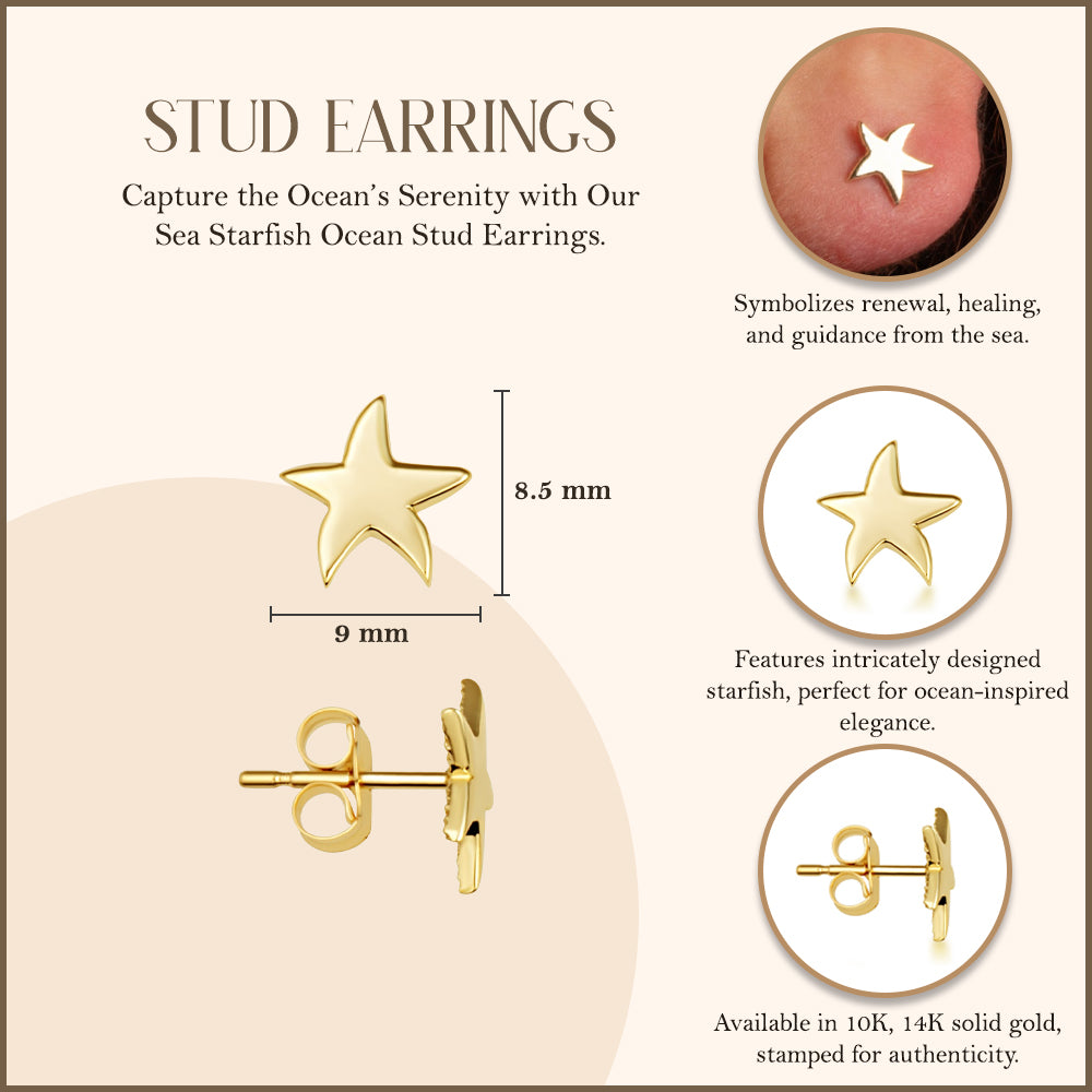 Yellow Gold Sea Starfish Ocean Stud Earrings, view 3