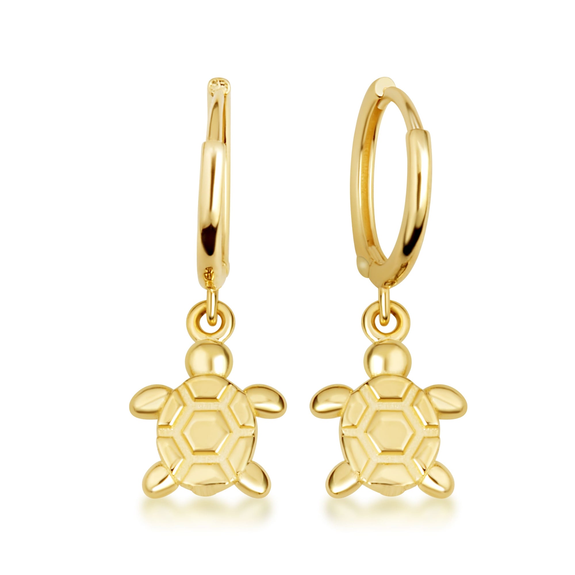 Yellow Gold Sea Turtle Ocean Drop Huggie Hoop Earrings